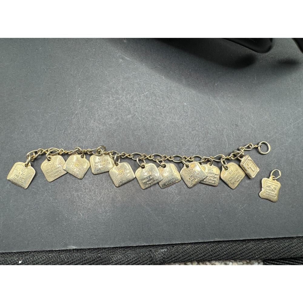 Vintage 10 Commandments Religious Bracelet Gold Tone Dangling Charms